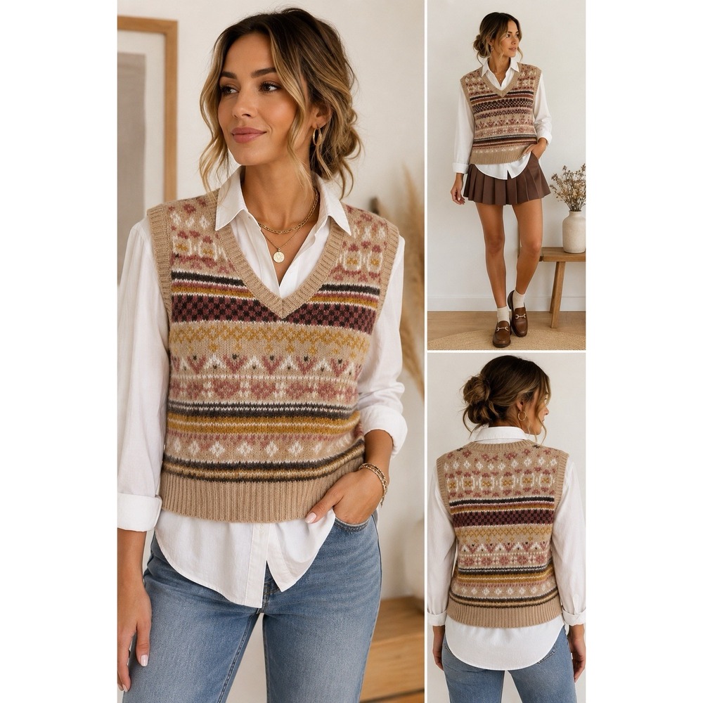 Pink Republic Fair Isle Sweater Vest Women L NWT V Neck Boho Grandpa Knit Beige